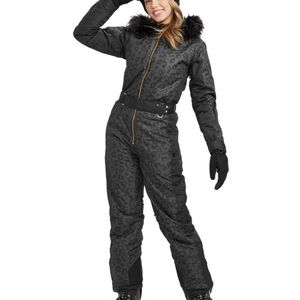 NWT Tipsy Elves Black Leopard Print Snowsuit with Fur Trim
